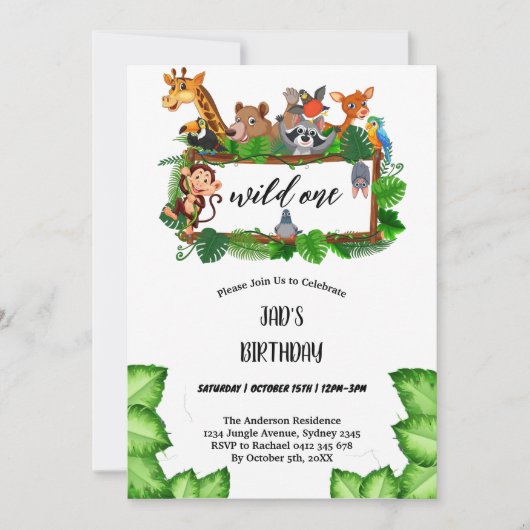 Invitation Cute Tropical Jungle Safari sauvage Un 1er (Devant)