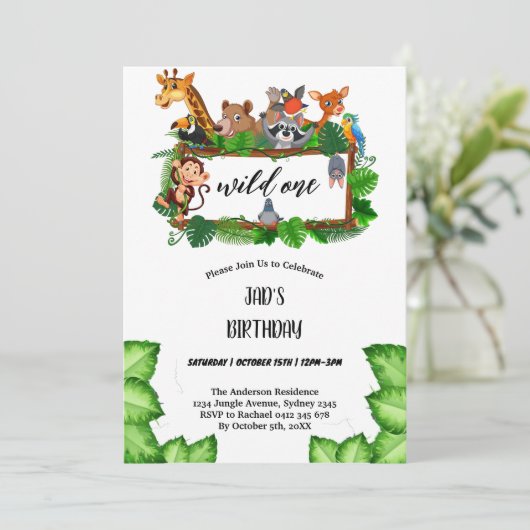 Invitation Cute Tropical Jungle Safari sauvage Un 1er (Debout devant)