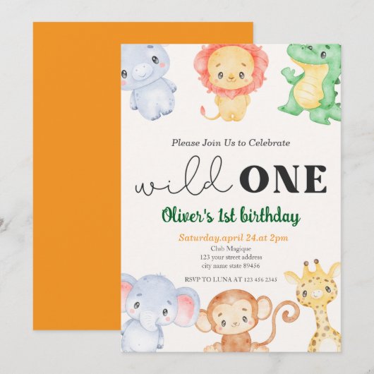 Invitation Cute Tropical Jungle Safari Wild One 1st Birthday (Devant / Derrière)