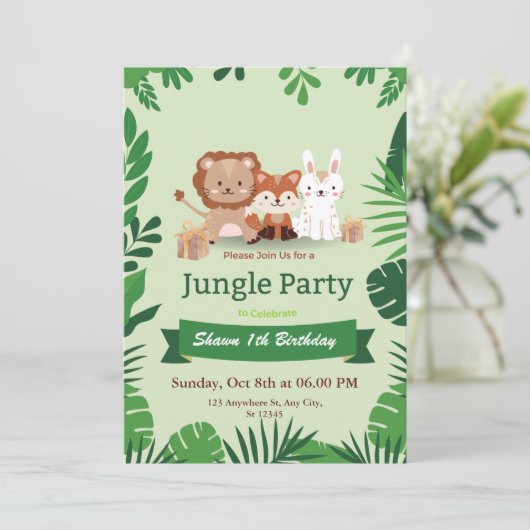 Invitation Cute Tropical Jungle Safari Wild One 1st Birthday (Debout devant)