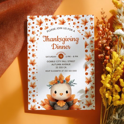 Invitation Cute Turkey with Fall Foliage Thanksgiving Dinner 