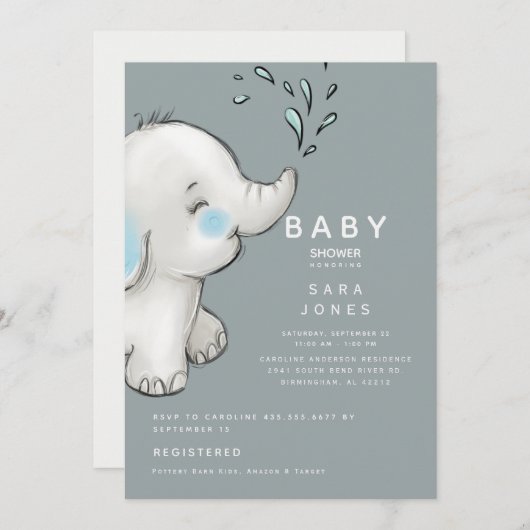 Invitation Cute Turquoise Aquarelle Baby shower éléphant (Devant / Derrière)