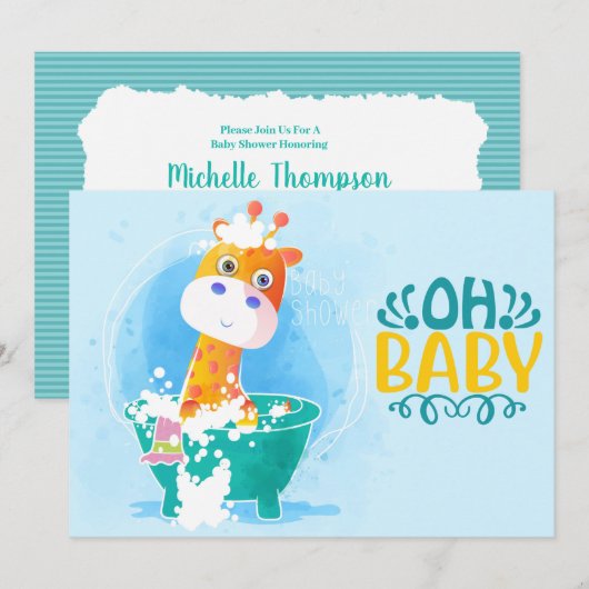 Invitation Cute Turquoise Baignoire Giraffe Baby shower Invit (Devant / Derrière)