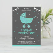 Invitation Cute Turquoise Pram Baby Boy Aqiqah (Debout devant)