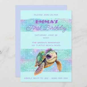 Invitation Cute Turtle Summer Beach Aqua 1st Birthday