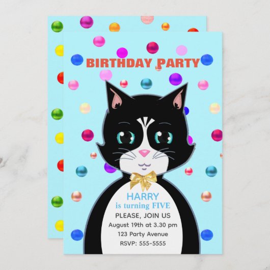 Invitation Cute Tuxedo Anniversaire Chat & Multicolor Confett (Devant / Derrière)