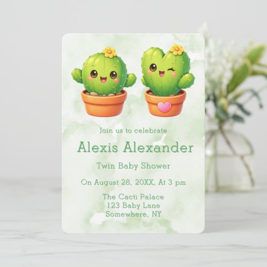 Invitation Cute Twin Cactus Baby Shower (Debout devant)