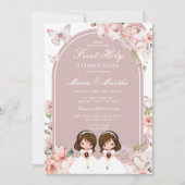 Invitation Cute Twin Girl First Holy Communion Rose Floral (Devant)