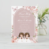 Invitation Cute Twin Girl First Holy Communion Rose Floral (Debout devant)