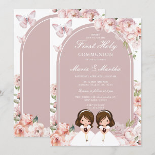 Invitation Cute Twin Girl First Holy Communion Rose Floral