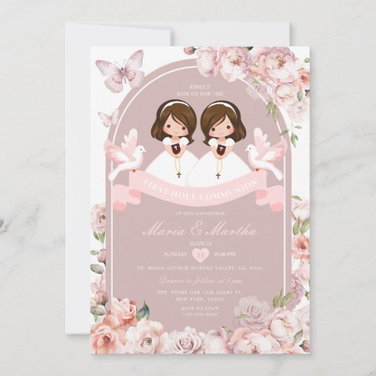 Invitation Cute TWIN Girl First Holy Communion Rose Floral (Devant)