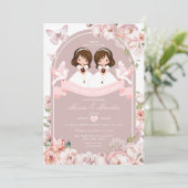 Invitation Cute TWIN Girl First Holy Communion Rose Floral (Debout devant)