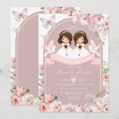 Invitation Cute TWIN Girl First Holy Communion Rose Floral (Devant / Derrière)