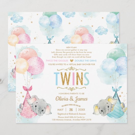 Invitation Cute Twins Boy Girl Elephant Baby shower par mail (Devant / Derrière)