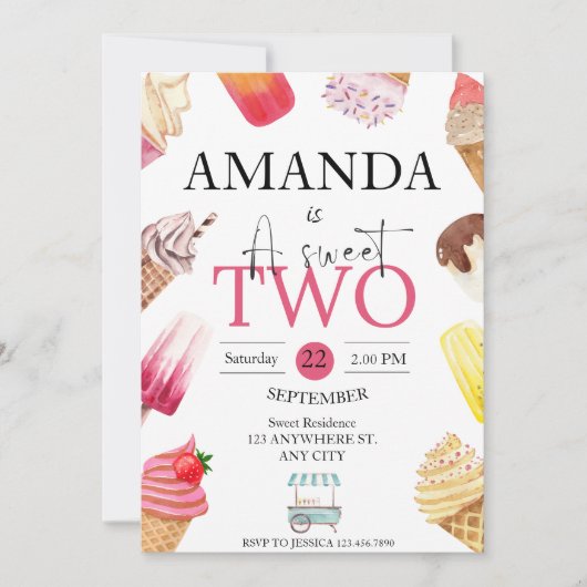 Invitation Cute Two Sweet 2e anniversaire de la glacière esti (Devant)