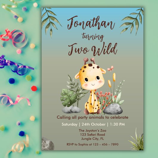 Invitation Cute Two Wild Safari Giraf Kids 2nd Birthday 