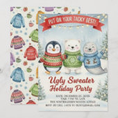 Invitation Cute Ugly Sweater Holiday Party Penguin Polar Bear (Devant / Derrière)