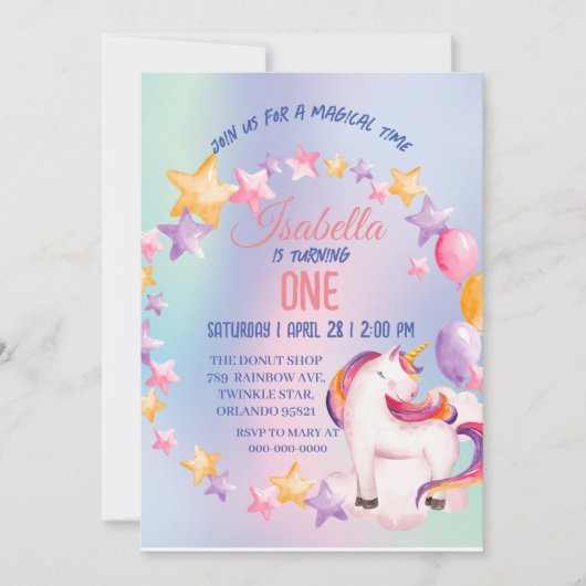 Invitation Cute Unicorn Arc-en-ciel Anniversaire (Devant)