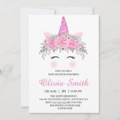 Invitation Cute Unicorn Baby shower fille avec nom rose (Devant)