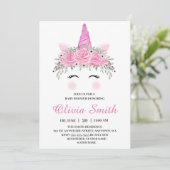 Invitation Cute Unicorn Baby shower fille avec nom rose (Debout devant)
