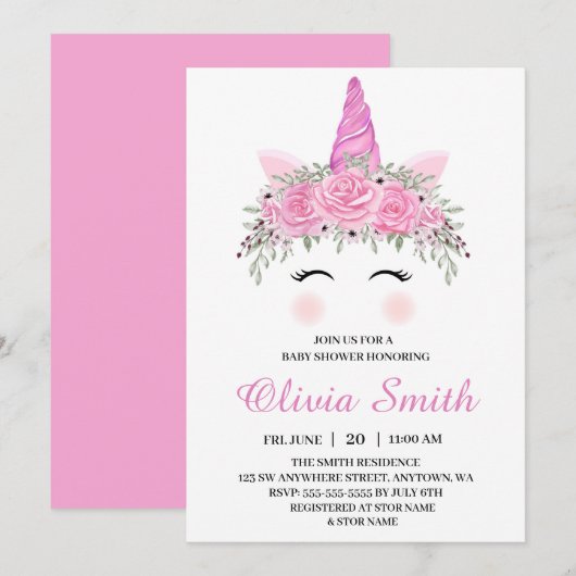 Invitation Cute Unicorn Baby shower fille avec nom rose (Devant / Derrière)