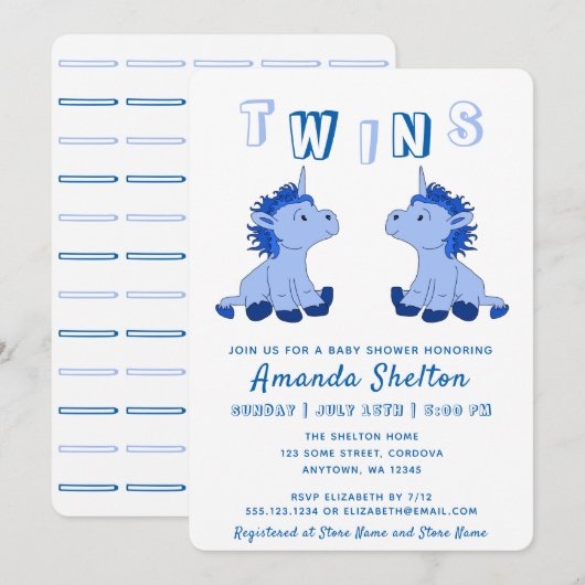 Invitation Cute Unicorn Blue Twins Boys Baby shower (Devant / Derrière)
