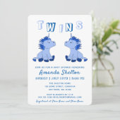 Invitation Cute Unicorn Blue Twins Boys Baby shower (Debout devant)