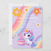 Invitation Cute Unicorn dans un arc-en-ciel rétro 2e annivers (Devant)