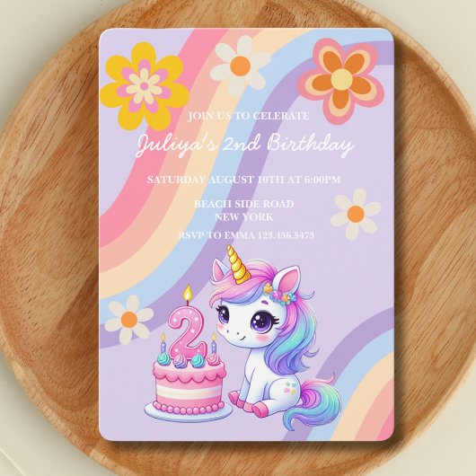 Invitation Cute Unicorn dans un arc-en-ciel rétro 2e annivers