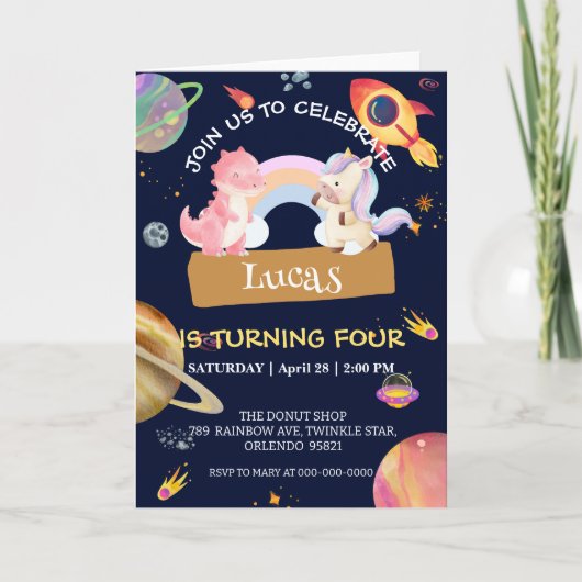 Invitation Cute Unicorn Dinosaur Galaxy Rocket fête d'anniver (Devant)