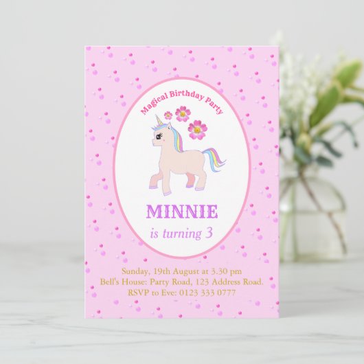 Invitation Cute Unicorn fête d'anniversaire (Debout devant)