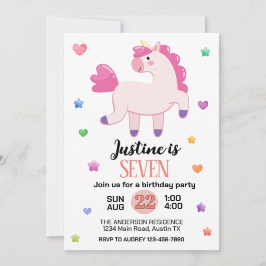 Invitation Cute Unicorn fête d'anniversaire (Devant)