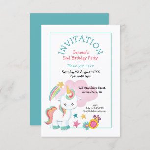 Invitation Cute Unicorn fête d'anniversaire Turquoise rose en