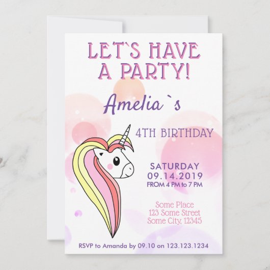 Invitation Cute Unicorn fille Anniversaire de enfant (Devant)