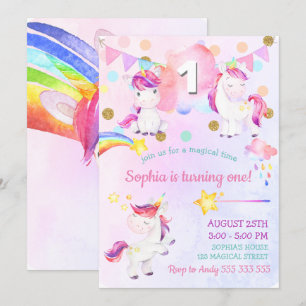 Invitation Cute Unicorn fille premier anniversaire Magique Ar
