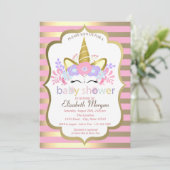Invitation Cute Unicorn, Floral, Baby shower de rayures Invit (Debout devant)