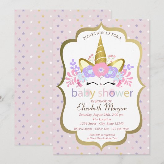 Invitation Cute Unicorn, Floral, Étoiles Baby shower Invitati (Devant / Derrière)