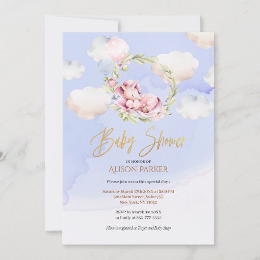 Invitation Cute Unicorn Floral Greenery Blue Sky Baby shower (Devant)