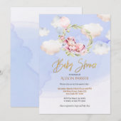 Invitation Cute Unicorn Floral Greenery Blue Sky Baby shower (Devant / Derrière)