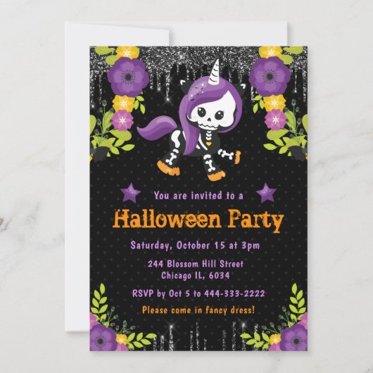 Invitation Cute Unicorn Floral Halloween Party (Devant)