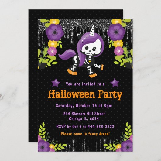 Invitation Cute Unicorn Floral Halloween Party (Devant / Derrière)