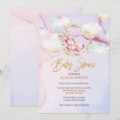 Invitation Cute Unicorn Flore Vert Baby shower Ciel rose (Devant / Derrière)