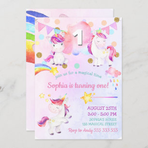 Invitation Cute Unicorn Girl First Birthday Magic Rainbow