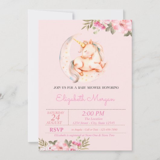 Invitation Cute Unicorn Lune Baby shower floral (Devant)