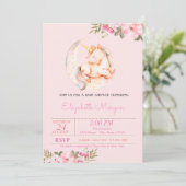 Invitation Cute Unicorn Lune Baby shower floral (Debout devant)
