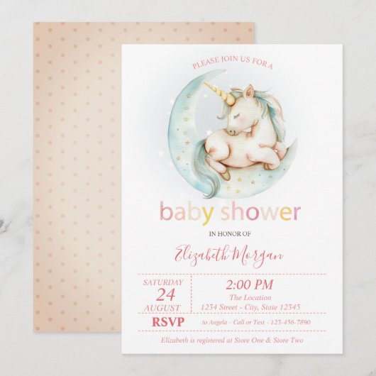 Invitation Cute Unicorn Lune Baby shower pointillé (Devant / Derrière)