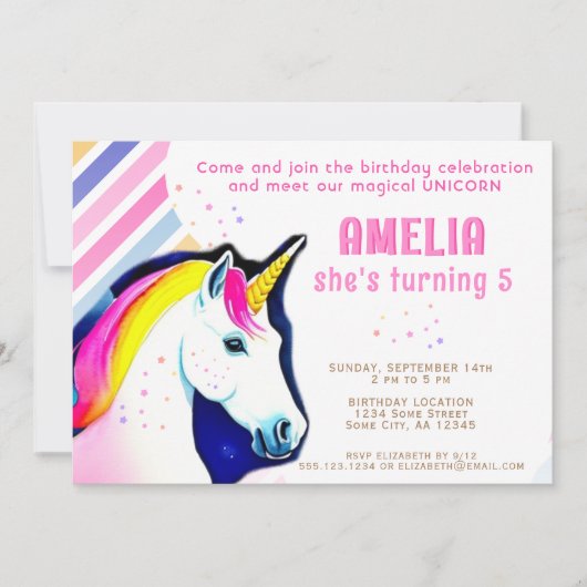 Invitation Cute Unicorn Magique Fille Anniversaire (Devant)