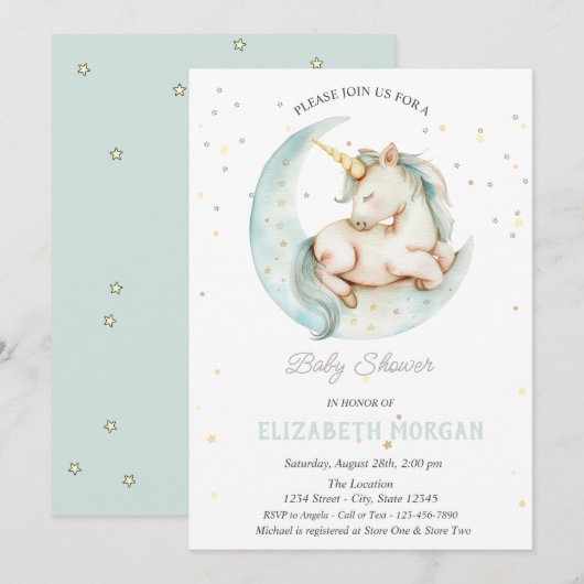 Invitation Cute Unicorn Moon Stars Baby shower (Devant / Derrière)