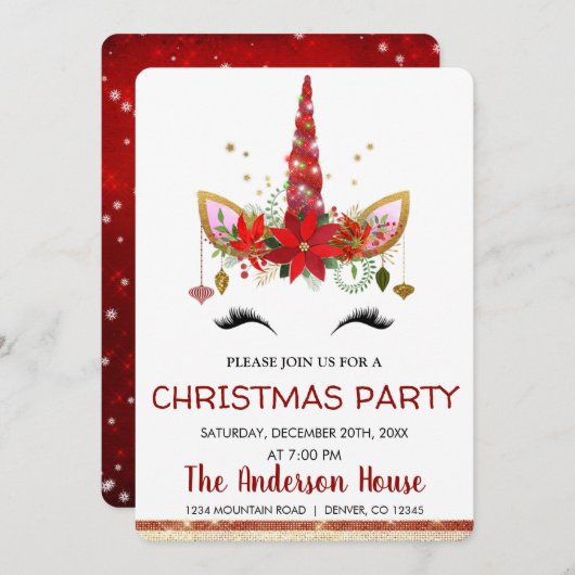 Invitation Cute Unicorn Noël Soir férié (Devant / Derrière)