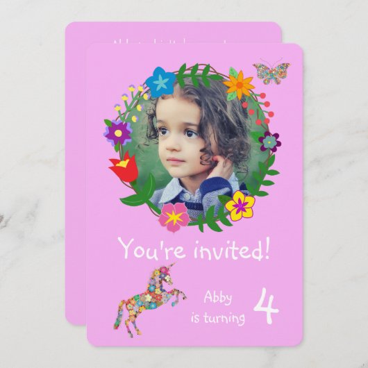 Invitation Cute Unicorn Papillon Fleurs Filles Fête (Devant / Derrière)